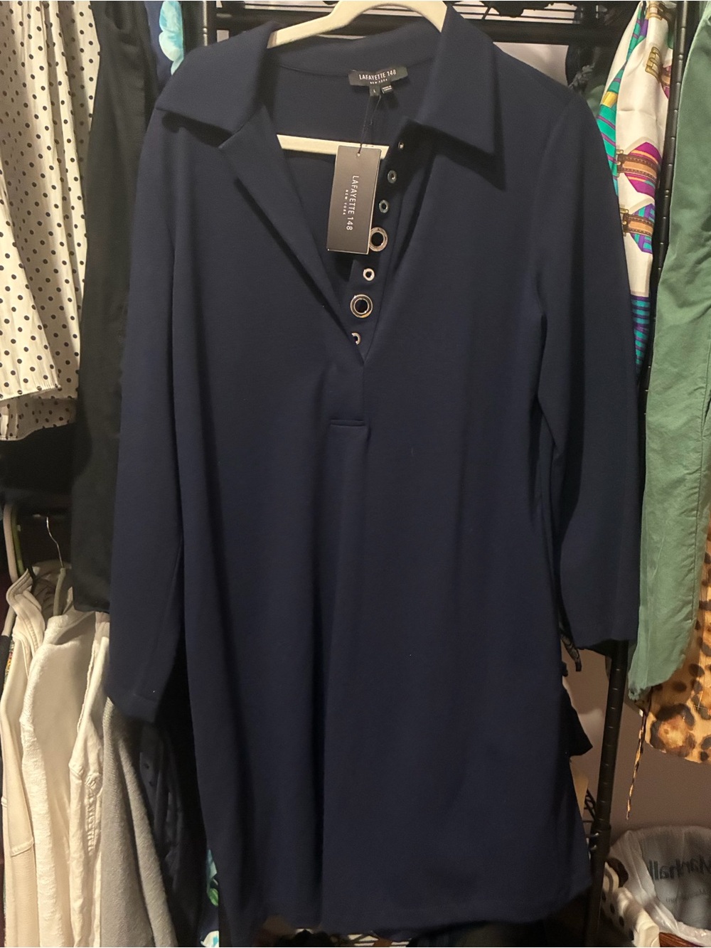 Lafayette 148 New York Navy V-Neck mini dress with Grommet Buttons